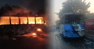 নারায়ণগঞ্জে সড়কের পাশে থাকা মিনিবাসে আগুন